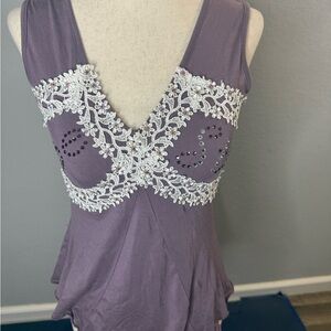 bebe Purple Sleeveless Blouse with White Lace Detail
